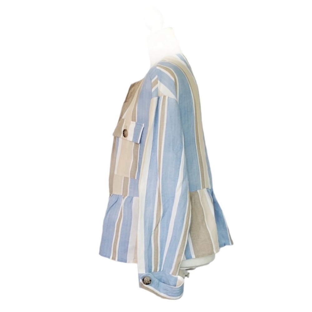 Zara -  Adorable White Tan and Blue Striped Jacket with open front- Size Medium - Picture 4 of 11